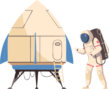 Astronaut looking down next to a lunar module