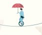 Man with umbrella balancing on line using unicycle