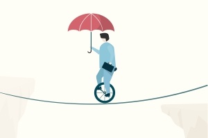 Man with umbrella balancing on line using unicycle